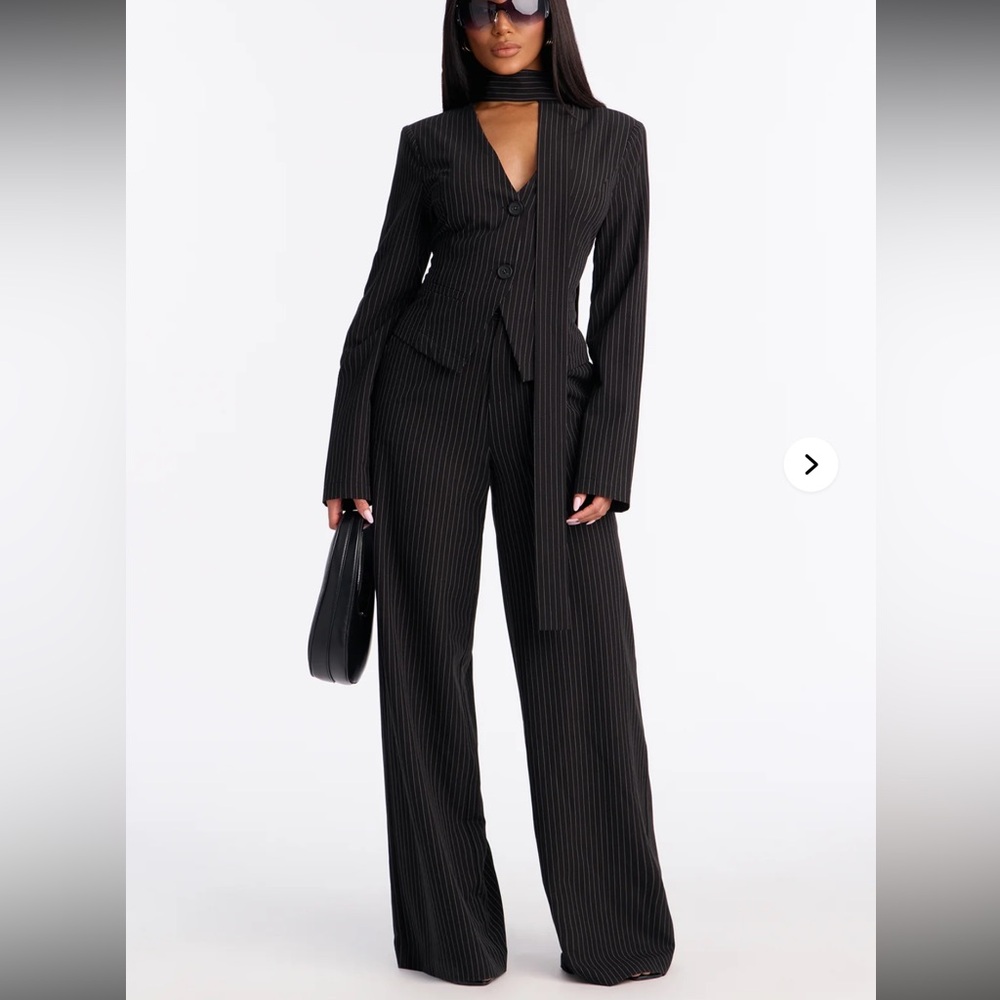 Fashion Nova Black Pinstriped Scarf-Tie Pantsuit
